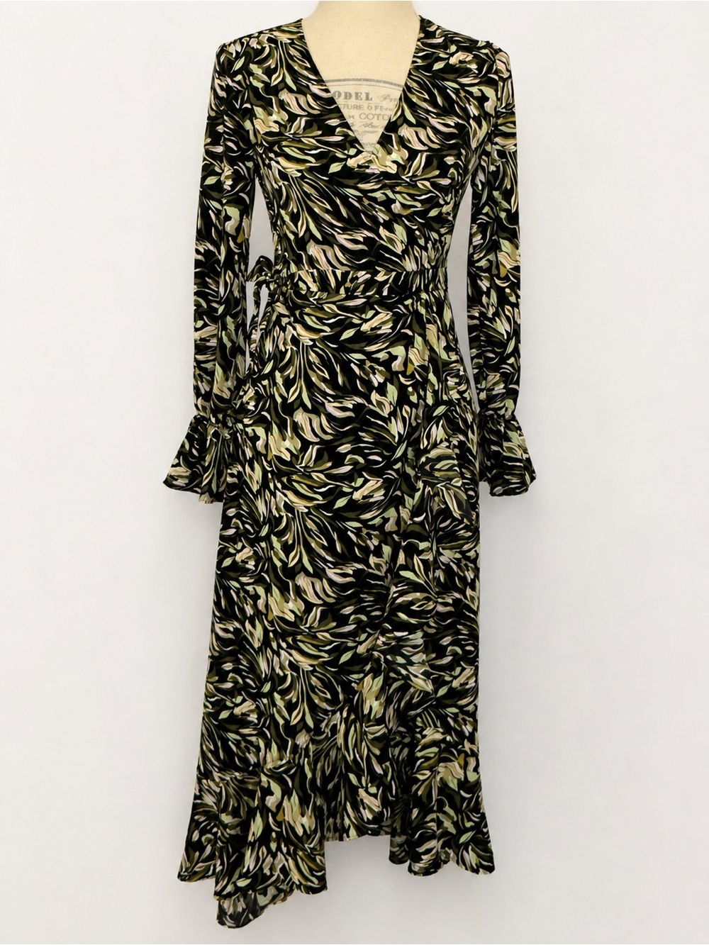 Kittenish Black Olive Leaf-Print Wrap Midi Dress